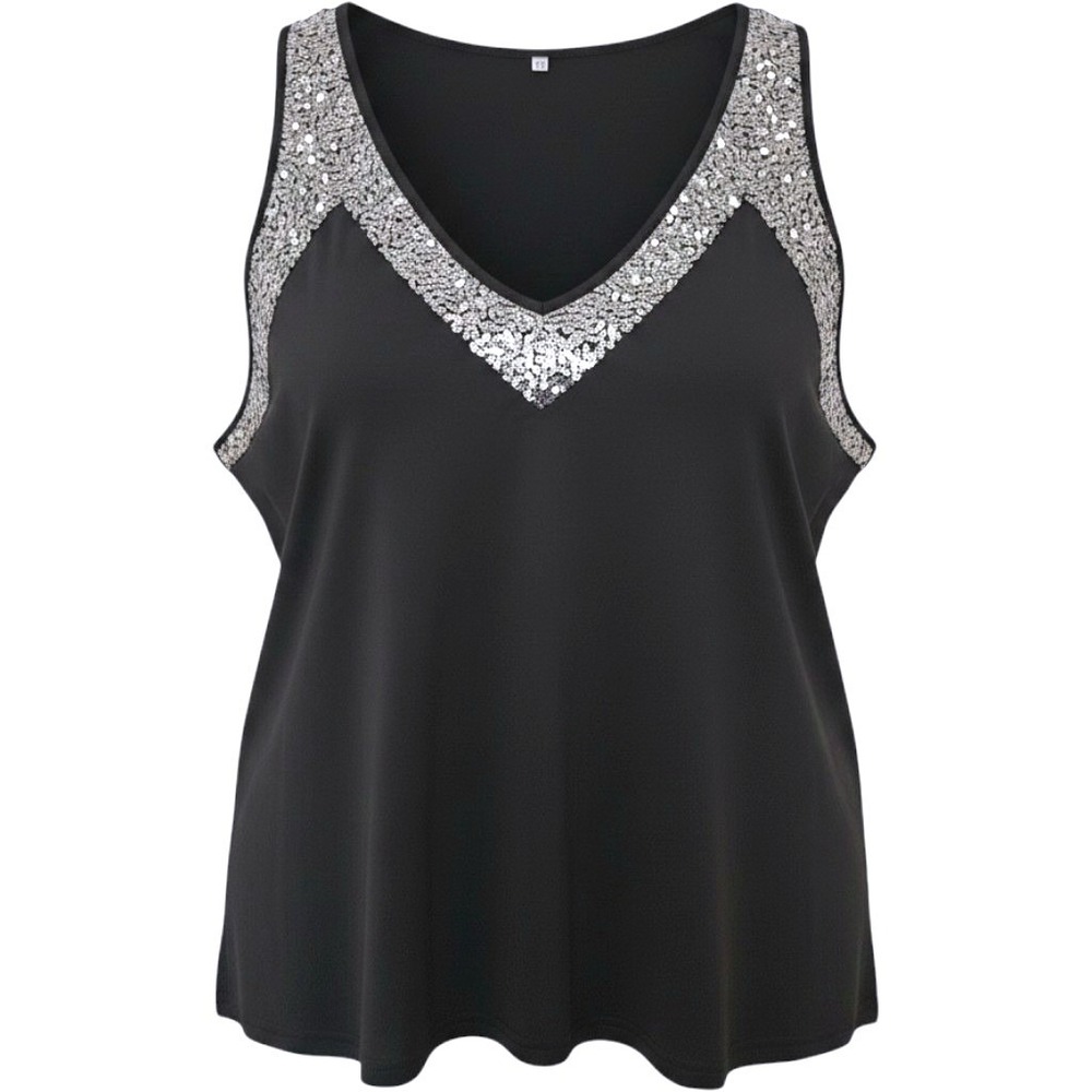 Womens Black Sequin V-Neck Tank Top Sleeveless Plus‎ Size 4XL Party Clubwear